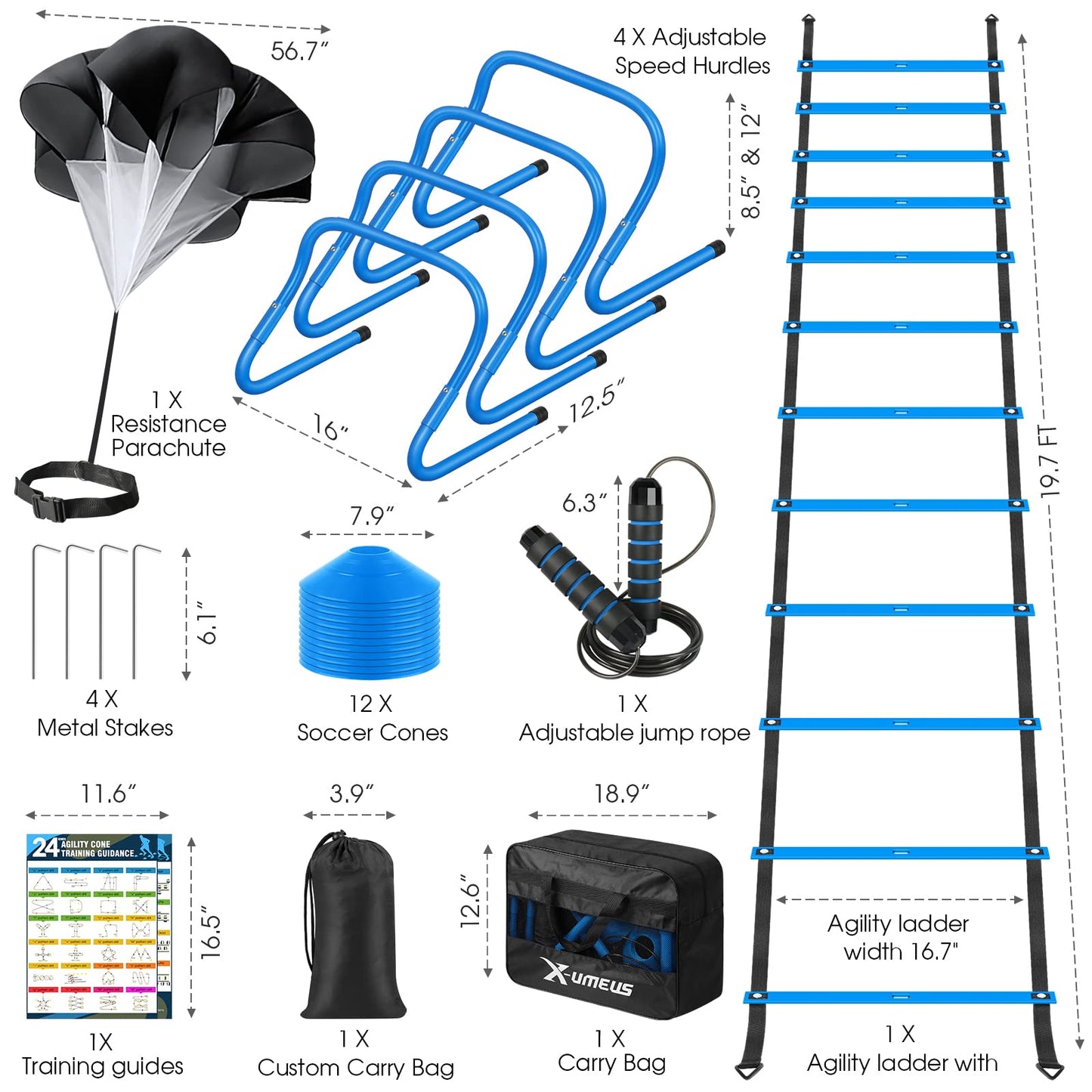 X-UMEUS Agility Ladder Speed Training Equipment Set-20ft Agility Ladder,12 Soccer Cones,4 Hurdles, Jump Rope, Running Parachute| Basketball Football Soccer Training Equipment for Kids Youth Adults
