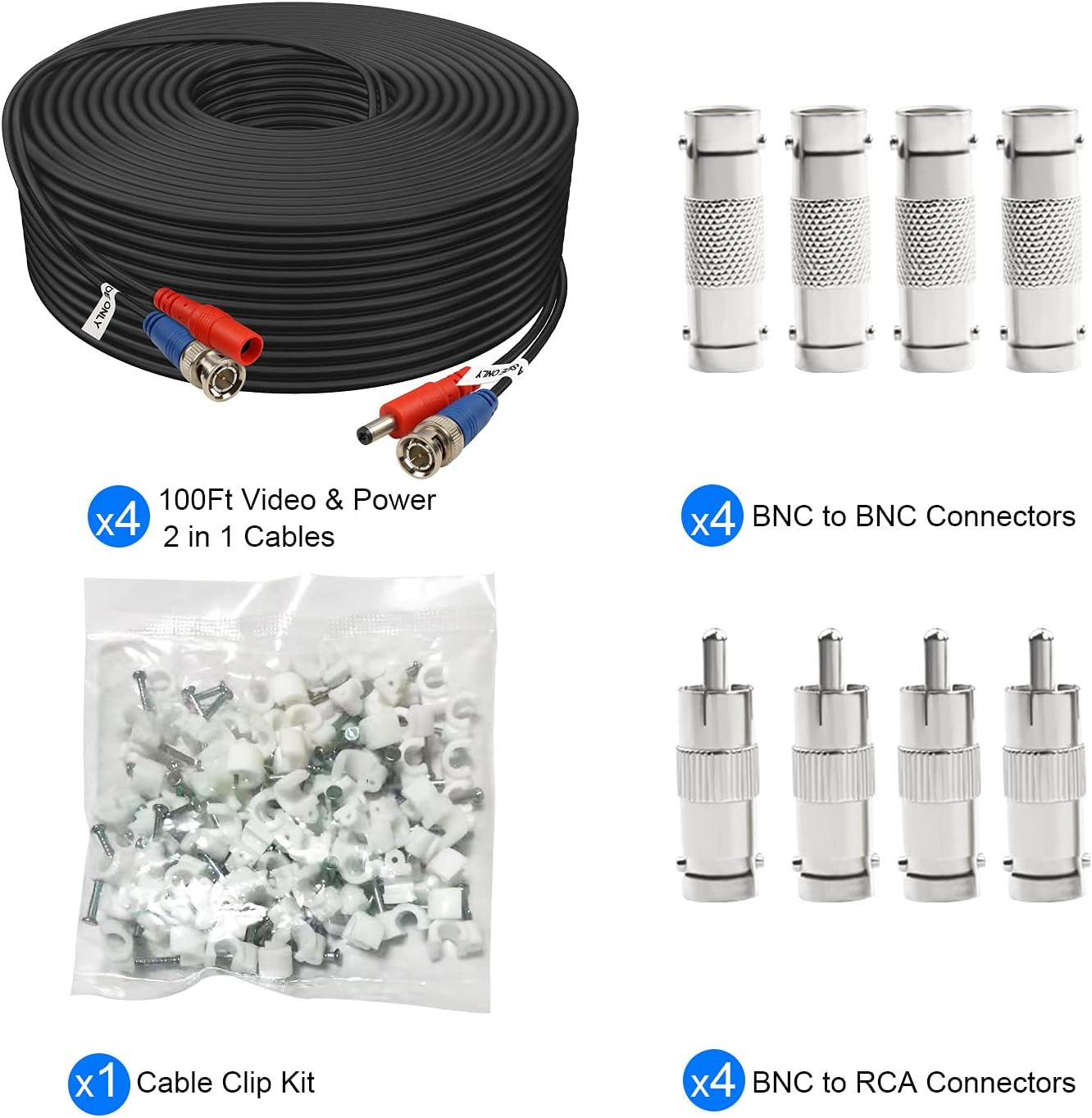Aimyzii 100ft 4 Pack 8X Adapters,100 BNC Cable BNC Video Power Cable,Security Camera Cable for CCTV Camera DVR Security