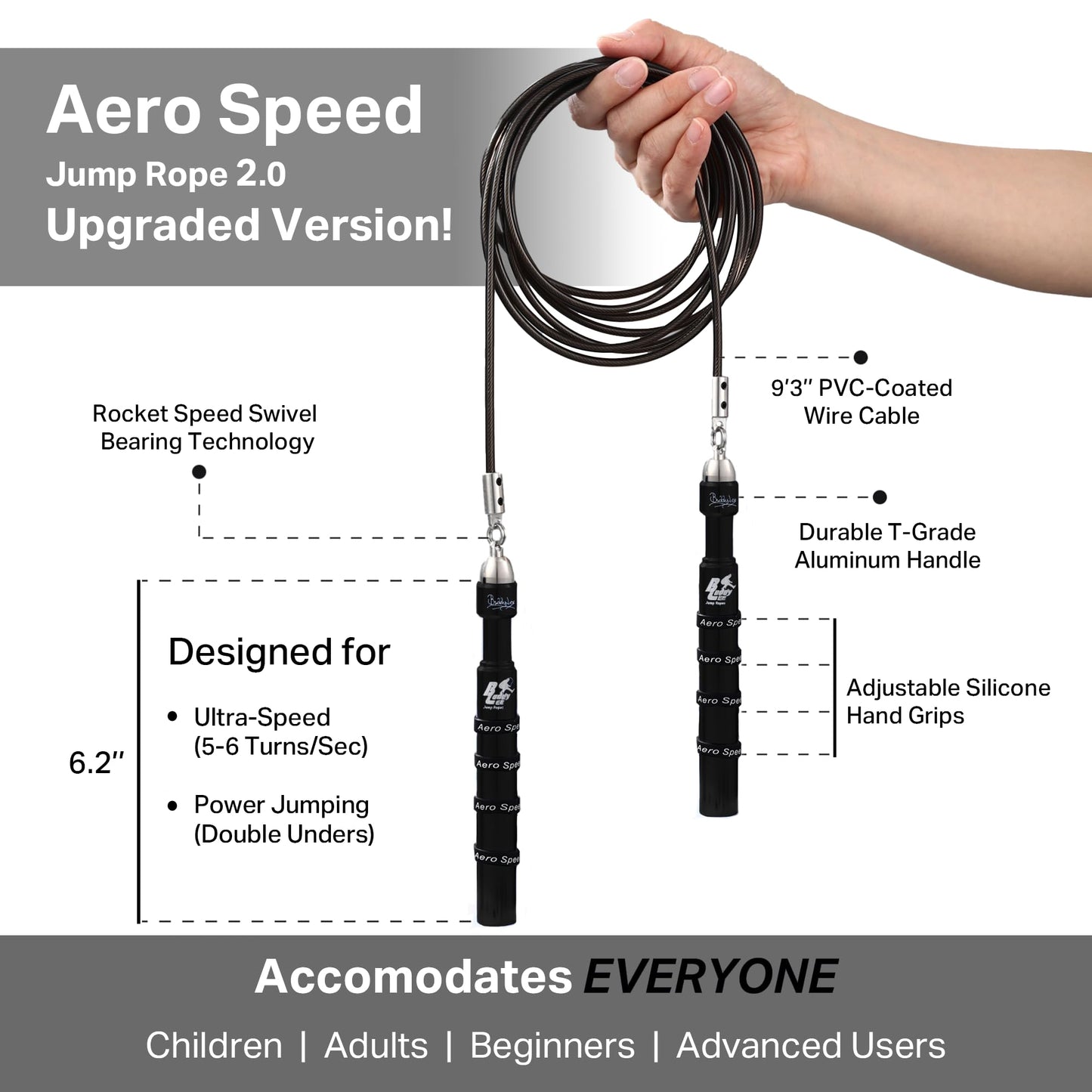 Buddy Lee Aero Speed Jump Rope 2.0 Upgraded Version with Sonic Rocket Speed Swivel Bearing | Tangle-Free & Adjustable Jump Rope for Men & Women - For Fitness, Double-Unders, and Cross-Training