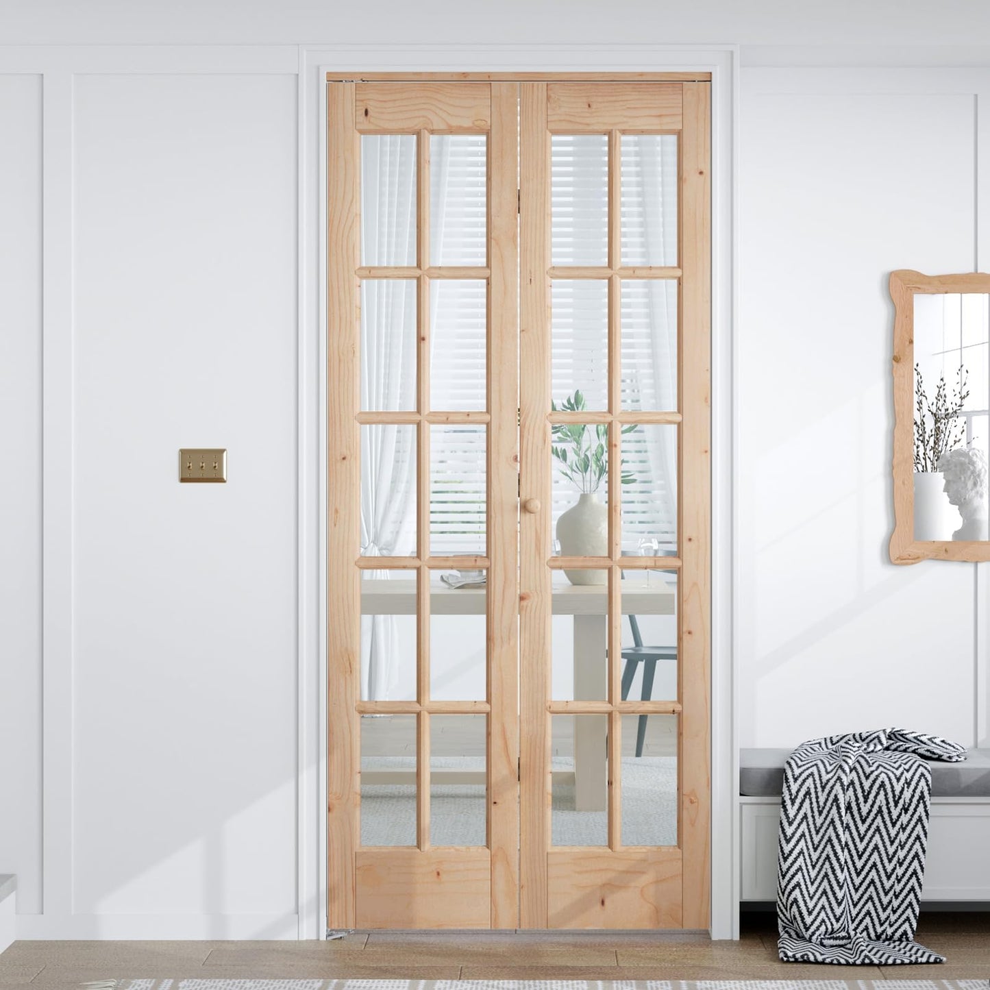 EaseLife Bifold Closet Door,for 30in x 80in (Double 15x80) Opening,French Glass Barn Doors with 2.5FT Concealed Bi-Fold Sliding Hardware Kit Included,Preassembled Door,Easy Install,DIY staining