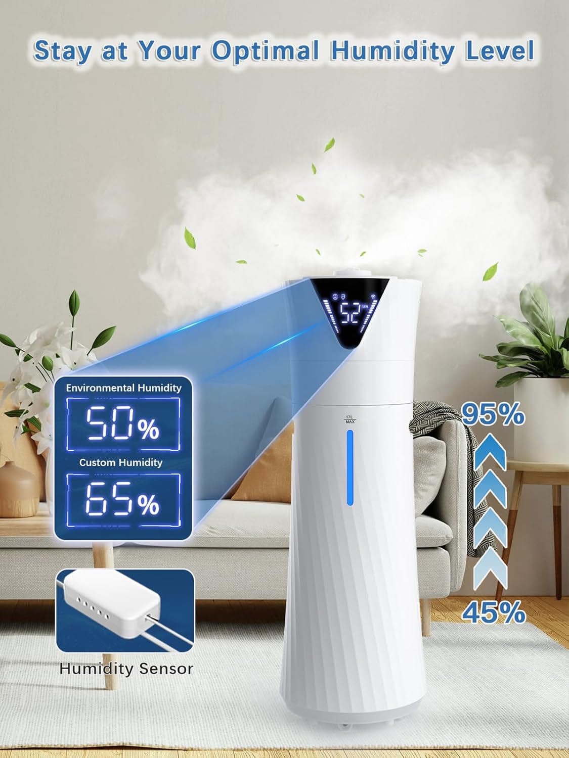 Skiennix 17L Ultrasonic Cool Mist Humidifier - Smart, Quiet Operation for Large Rooms, White