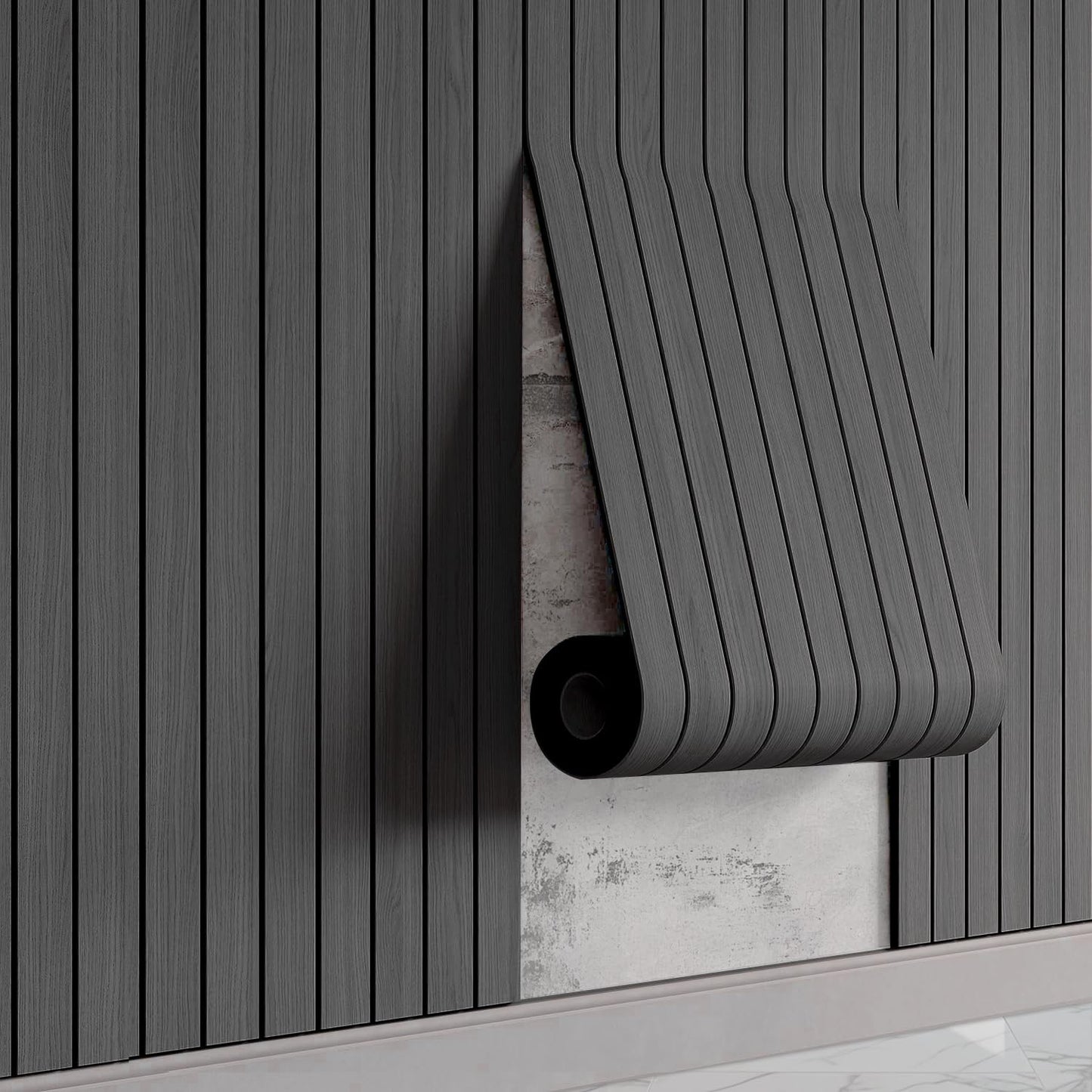 WaveSpace Self-Adhesive PVC Slat Wall Panels, Peel and Stick Wood Panels 118"x15.75", Thick Faux Black Oak Wood Grain Wallpaper Panels 3D Soundproof Wall & Ceiling Panels Decorativos para Pared