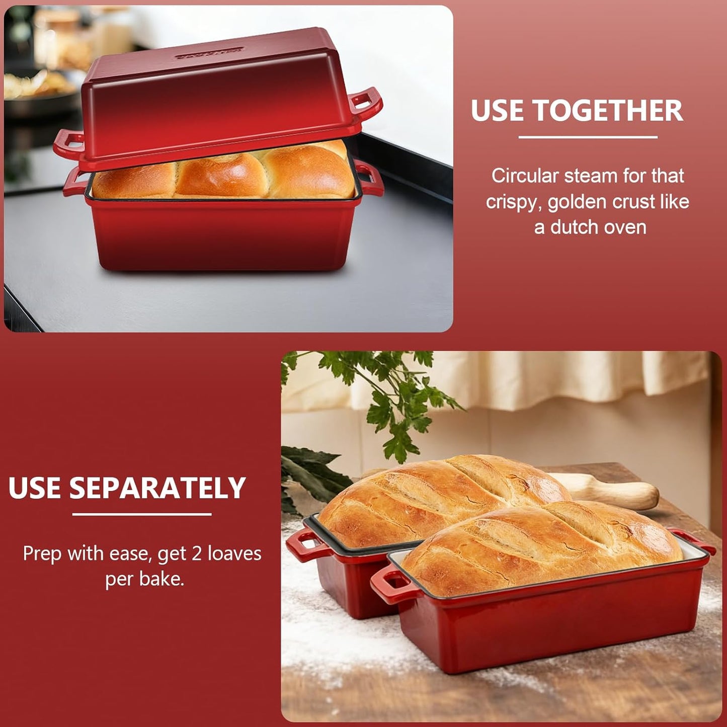 Wildone Enameled Cast Iron Bread Loaf Pan - 9x5 Sourdough Baking Set with Lid, Red, Even Heating