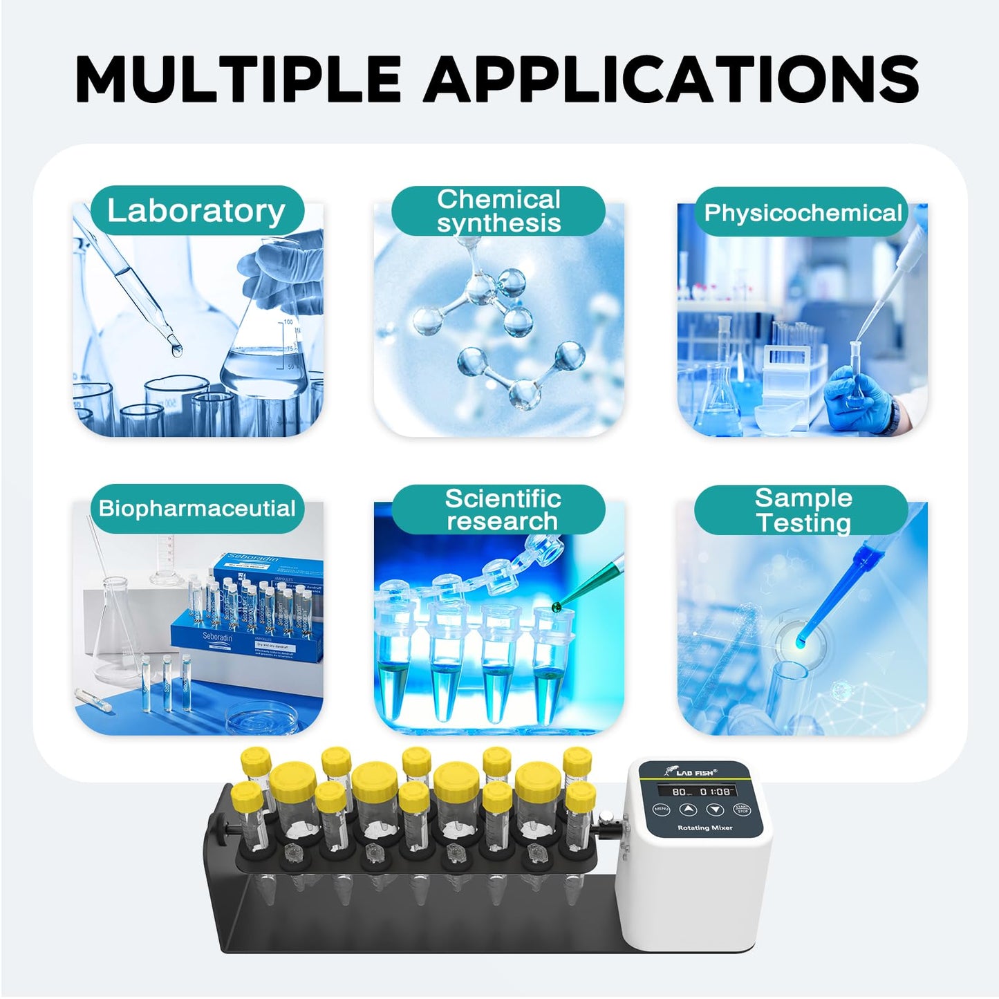 LAB FISH Digital Long Axis Rotating Mixer Shaker Chemical Tube Mixer Adjustable Speed 20-80RPM Timer 1min-23h59min & Continuous Mode for 2/5/10/15/50ml Test Tubes