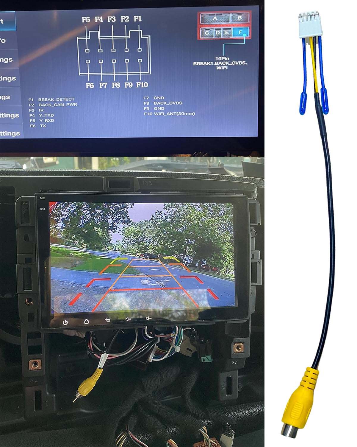 JUNMUL 10 Pin RCA Cables Vehicle Backup Cameras Video Input Plug Adapter, Car Stereo Radio Wiring Harness Connector