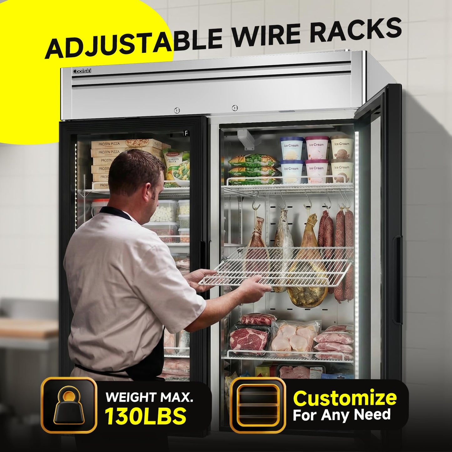 Coolski 54" W 2 Glass Door Commercial Freezer, Upright Display Freezer with Adjustable Heavy Duty Shelves, Auto Defrost, LED Interior Light, ETL DOE Certified for Stores and Cafés