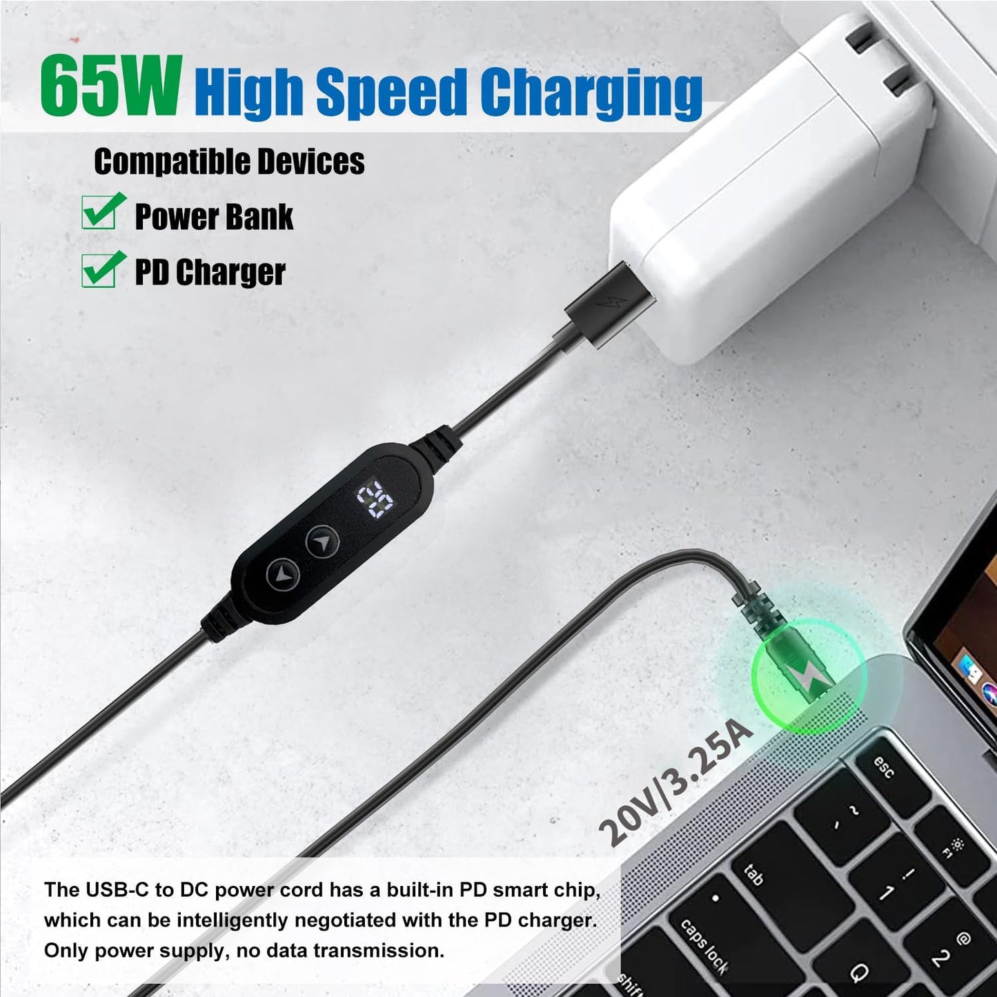 Yancincny 5V/9V/12V/15V/20V 8 (3.9ft) USB C to DC Cable with DC Conversion Heads and LED Display Screen, USB to DC