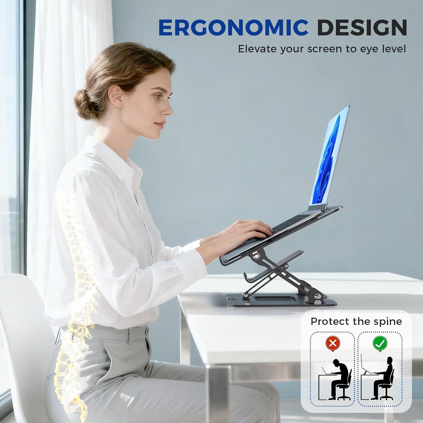 Lajou 2-in-1 Ergonomic Laptop Phone Stand for Desk, Adjustable Riser, Sturdy and Portable, Fits All Laptops and Phone
