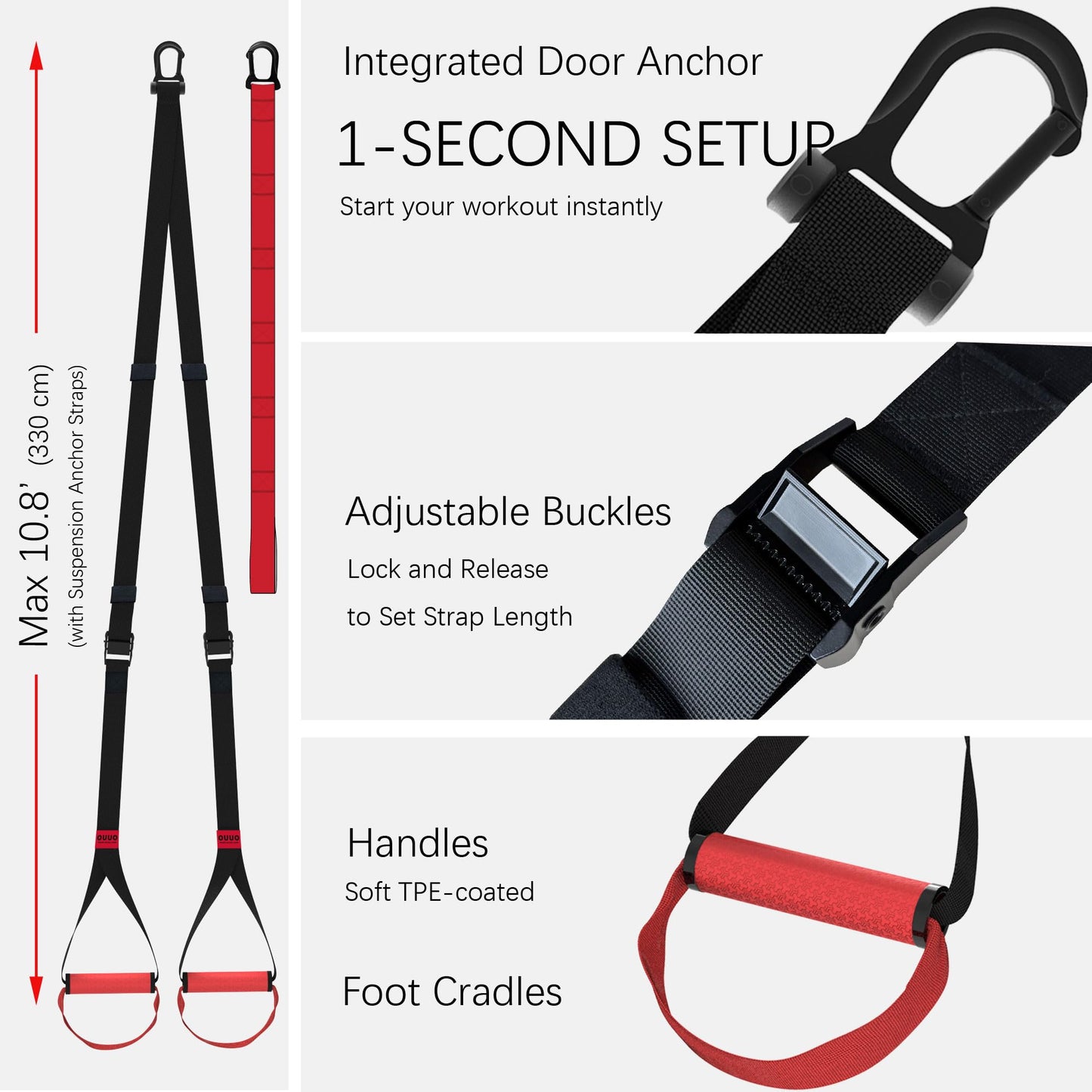 OUUO Suspension Straps Trainer with Integrated Door Anchor, All-in-One Bodyweight Training System for Home & Outdoor Use - Quick Setup in 1 Second
