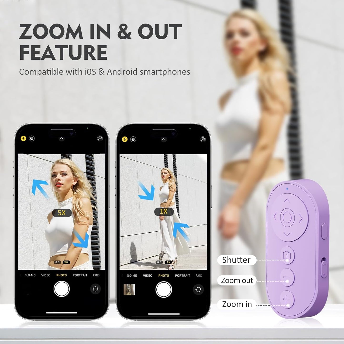 RIOFOGO Wireless Camera Remote Control with Zoom in/Out for Android & iPhone,Versatile Shutter with Front/Rear Camera