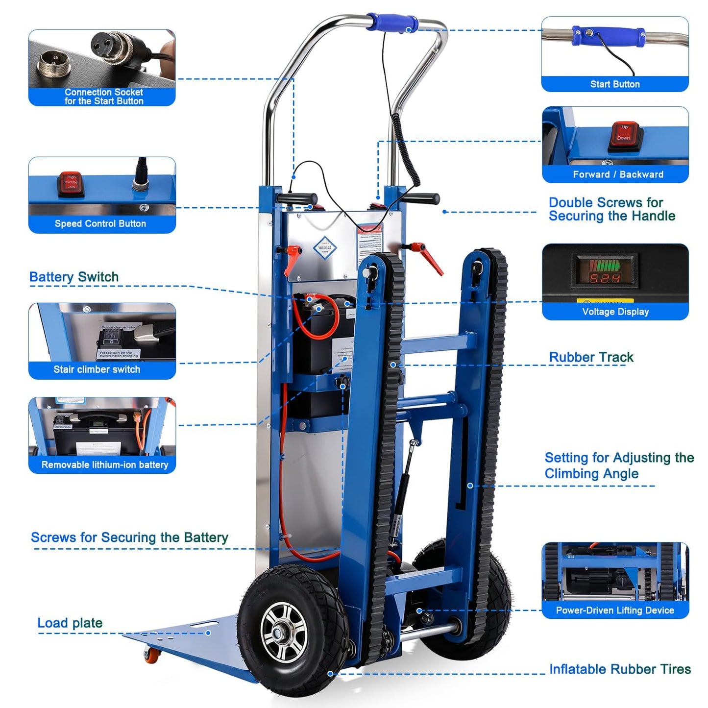Electric Stair Climbing Dolly, Heavy Duty Stair Climber 900lbs Capacity 1250W Motorized Hand Truck with Ropes & Foldable Design for Moving Furniture