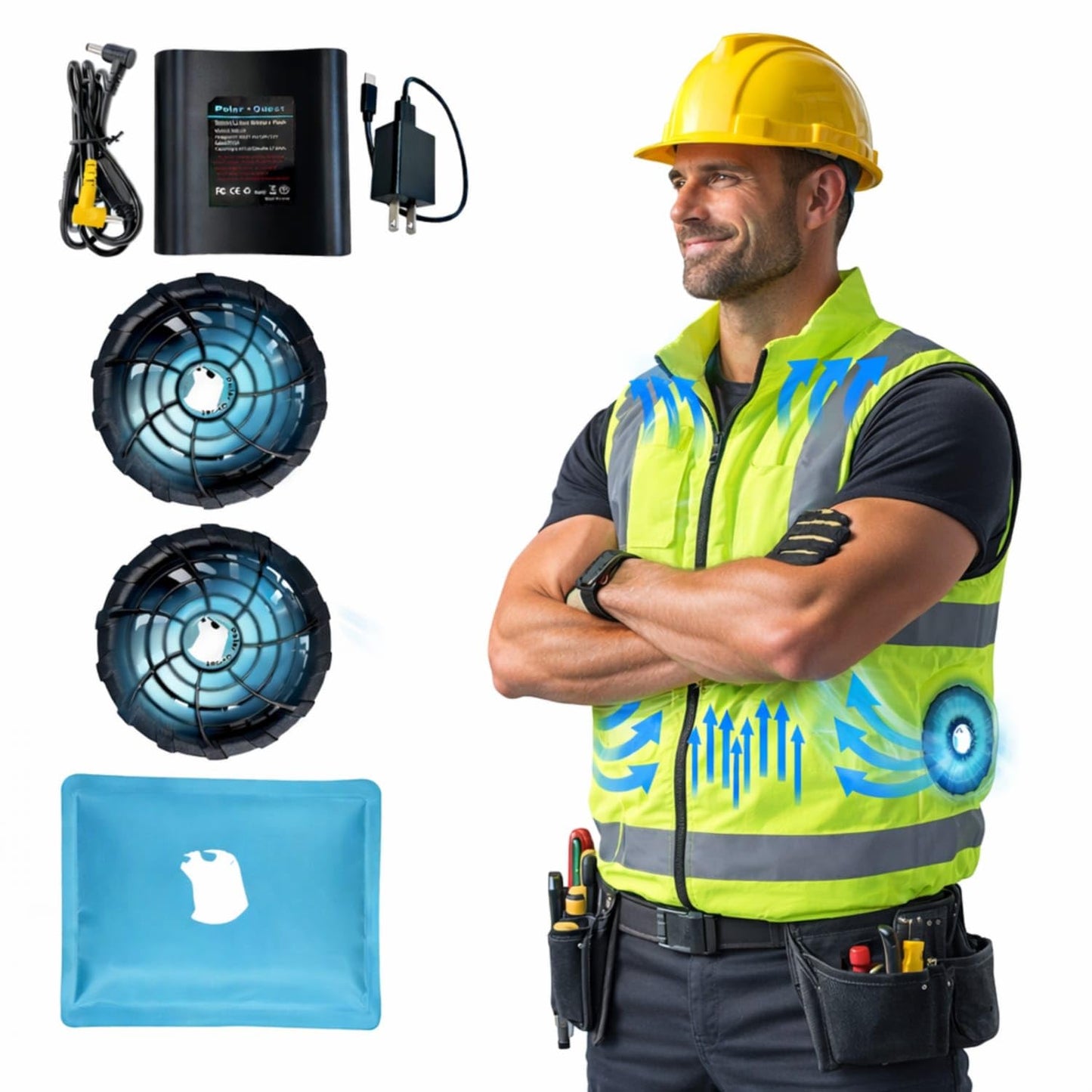 POLAR QUEST SHOP Hi-Vis Cooling Fan Safety Vest (Titanium Coated) | Reflective Work Vest with Fans & Battery, UV Protection, Water-Resistant Outdoor Work