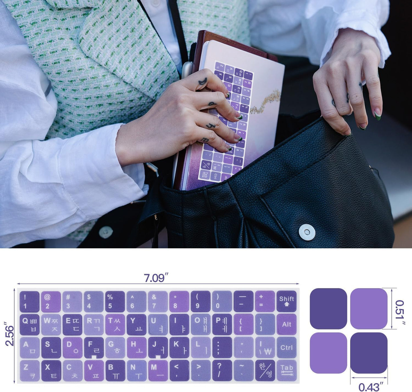 2Pack Korean Keyboard Stickers, Korean-English Keyboard Sticker on Purple Background with White Lettering, Korean