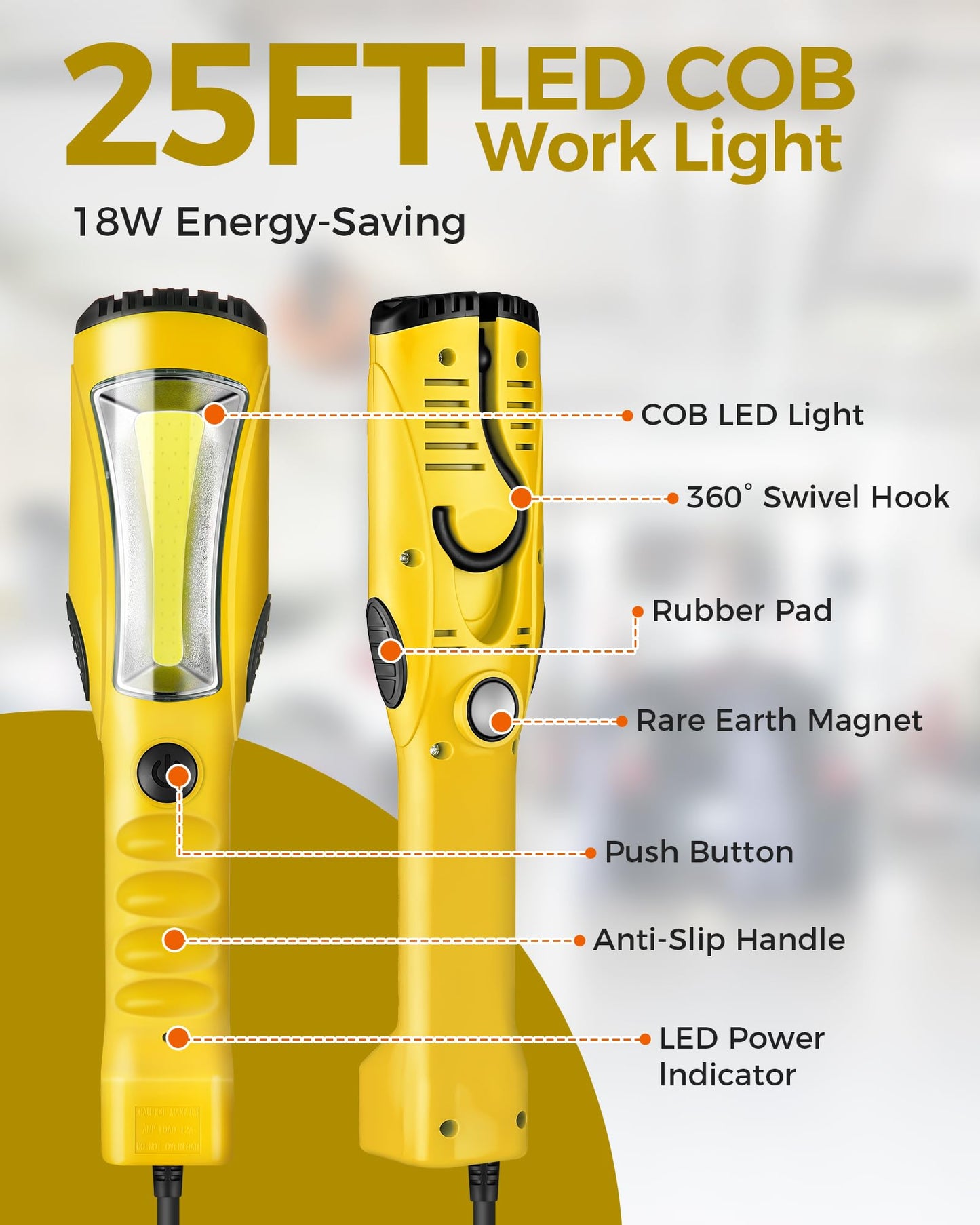 WILAWELS 45 FT 12AWG/3C SJTOW Retractable Extension Cord Reel and 18W 2000LM 25FT LED Work Light Bundle, for Garage, Workshop, Car Repair Scene B45CR06- Y04WL06