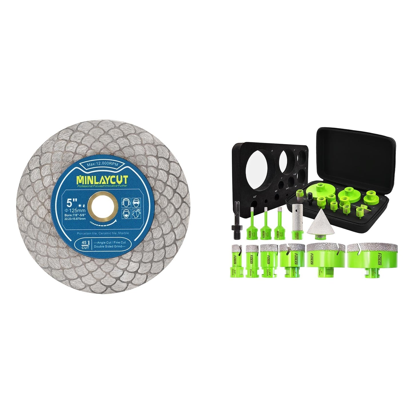 MINLAYCUT Diamond Tile Saw Blade 5" 125mm Cut Off Wheel and FACHLICH Tile Hole Saw Kit - 12pcs Diamond Core Drill Bits Set 1/4" 5/16" 4/5" 1" 1-3/8" 2" 3" 4"