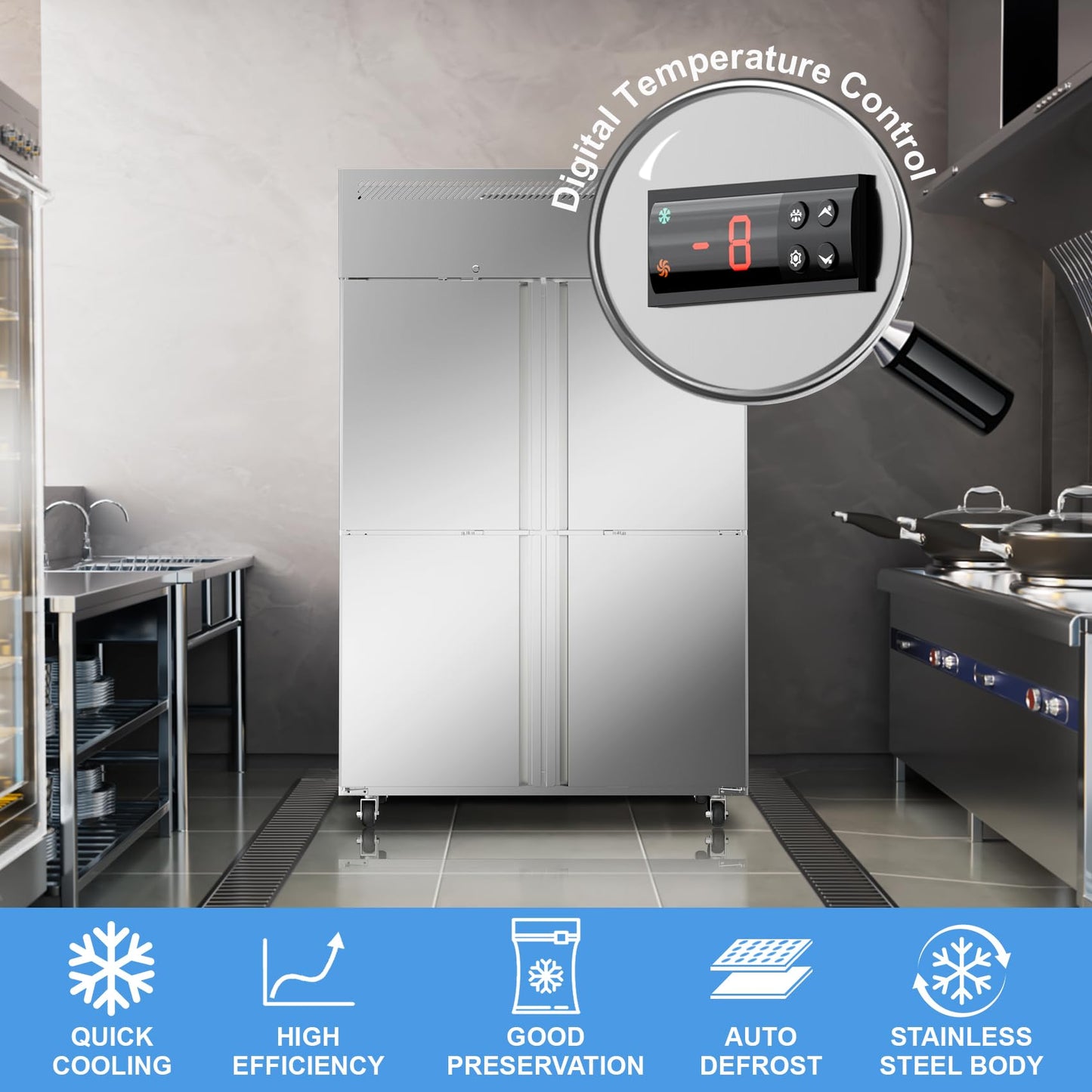 ECEVT 48"W 4 Door Commercial Freezer, 36 Cu.ft Stainless Steel Upright Freezer (-8℉ to -1℉) with 8 Adjustable Shelves, Lockable Door, Wheels, Auto-Defrost for Restaurant, Kitchen, Shop