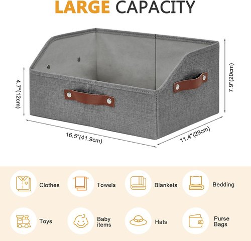 Bagnizer Closet Organizers - Linen Trapezoid Storage Bins with Handles | Collapsible Gray Shelf Organizer for Blankets, Towels, and More