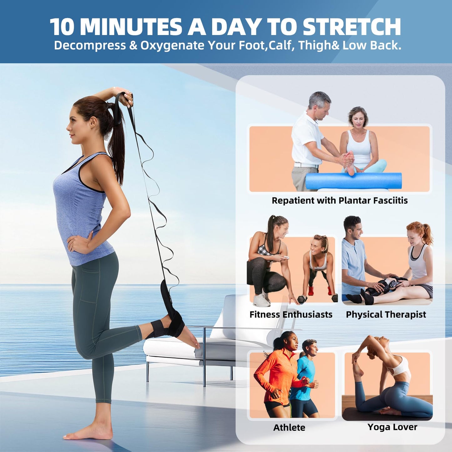 comness Foot and Calf Stretcher-Stretching Strap For Plantar Fasciitis, Heel Spurs, Foot Drop, Achilles Tendonitis & Hamstring. Yoga Foot & Leg Stretch Strap. (Black)