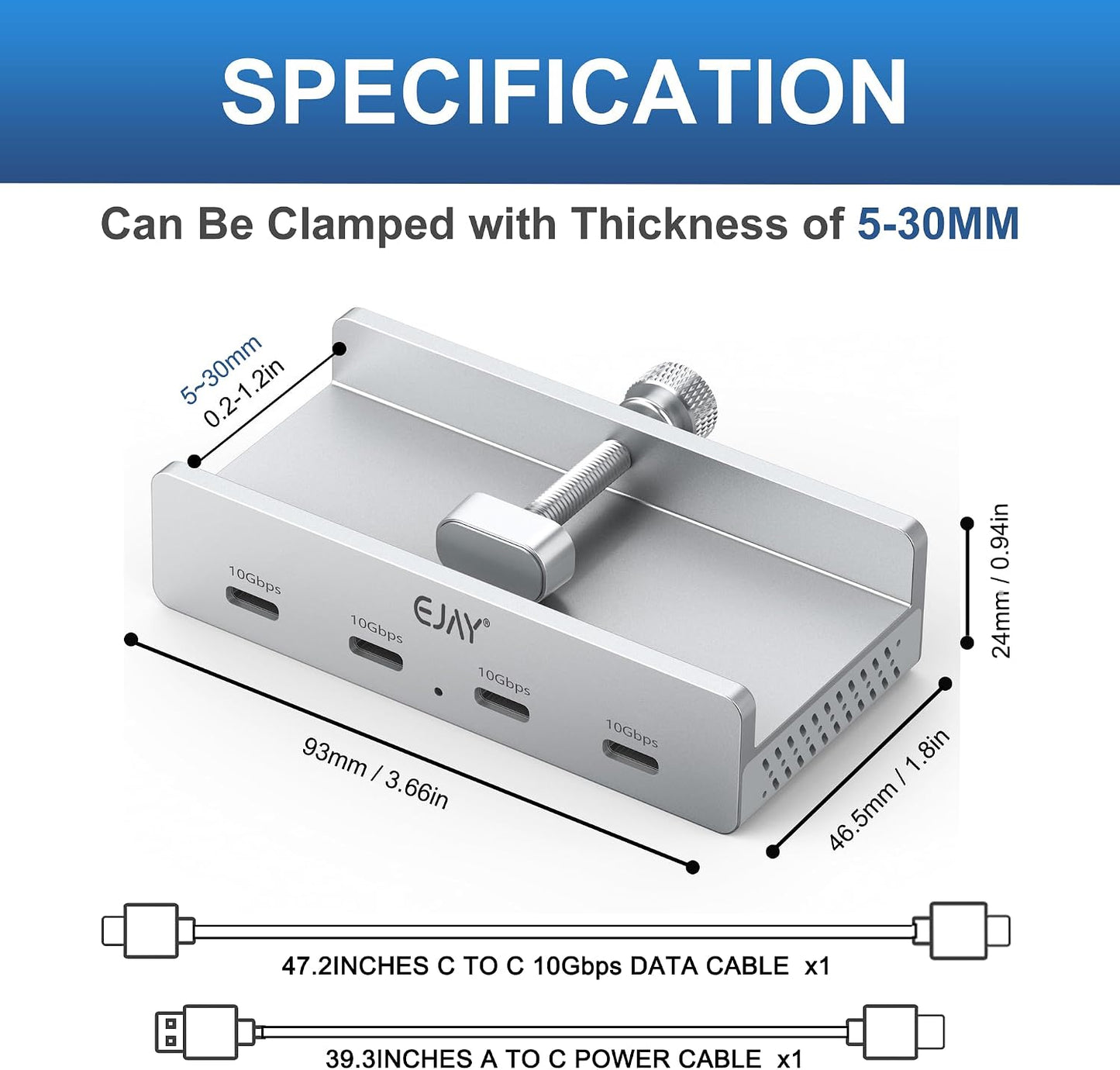 EJAY 4-Port 10Gbps 3.2 2, USB C Hub Clamp Mount, USB Hub Gen Aluminum Clamp On USB Hub for Monitor & Desk, Dual Cable