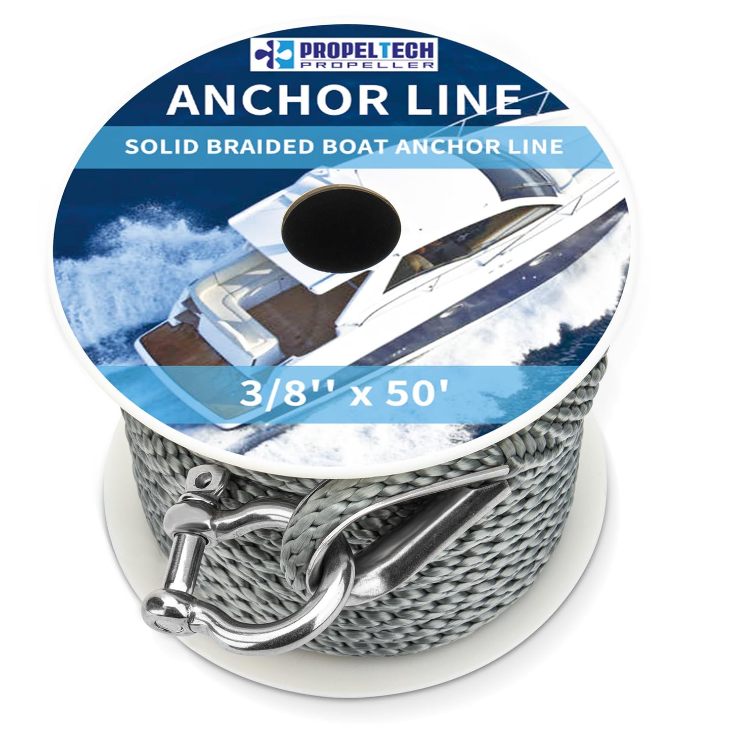 Boat Anchor Rope 3/8 inch 50ft Premium Solid Braid Nylon MFP Boat Rope with Stainless Steel Thimble & Shackle, Quality Marine Line, Grey,Boat Accessories