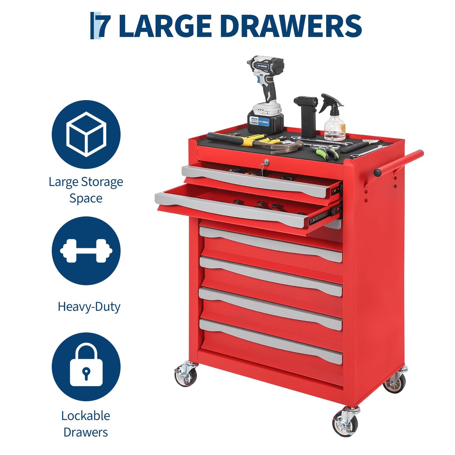 7-Drawer Tool Chest, Rolling Tool Cart, Large Capacity Tool Storage Cabinet with Keyed Locking and Drawer Liners, Link Buckle, and Can Be Combined to Large Cabinet Set, for Garage, Workshop, Warehouse