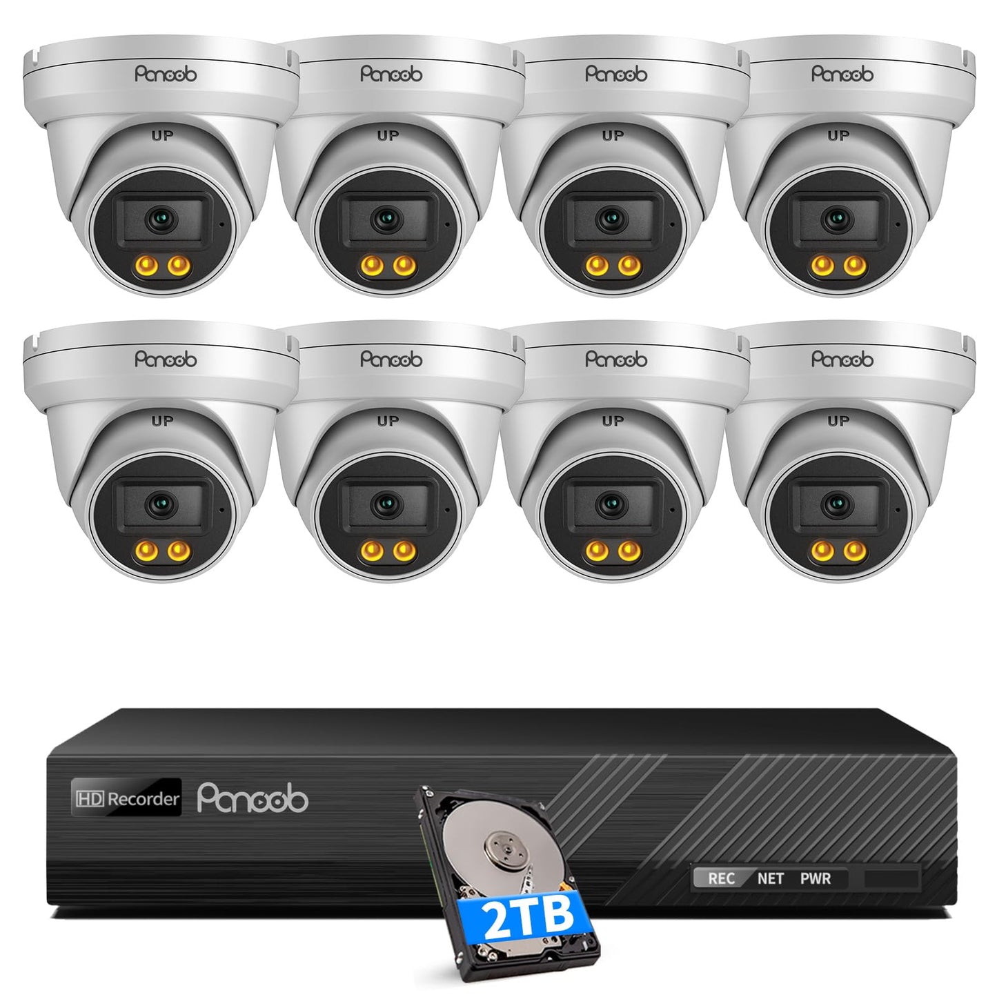 PANOOB PoE Security Camera System, 8Pcs 5MP Wired IP Cameras with Audio, Smart Color Night Vision & AI Person Vehicle Detection, Remote Access, 8 Channel 4K NVR with 2TB HDD, PD93BA0808-5MD-1