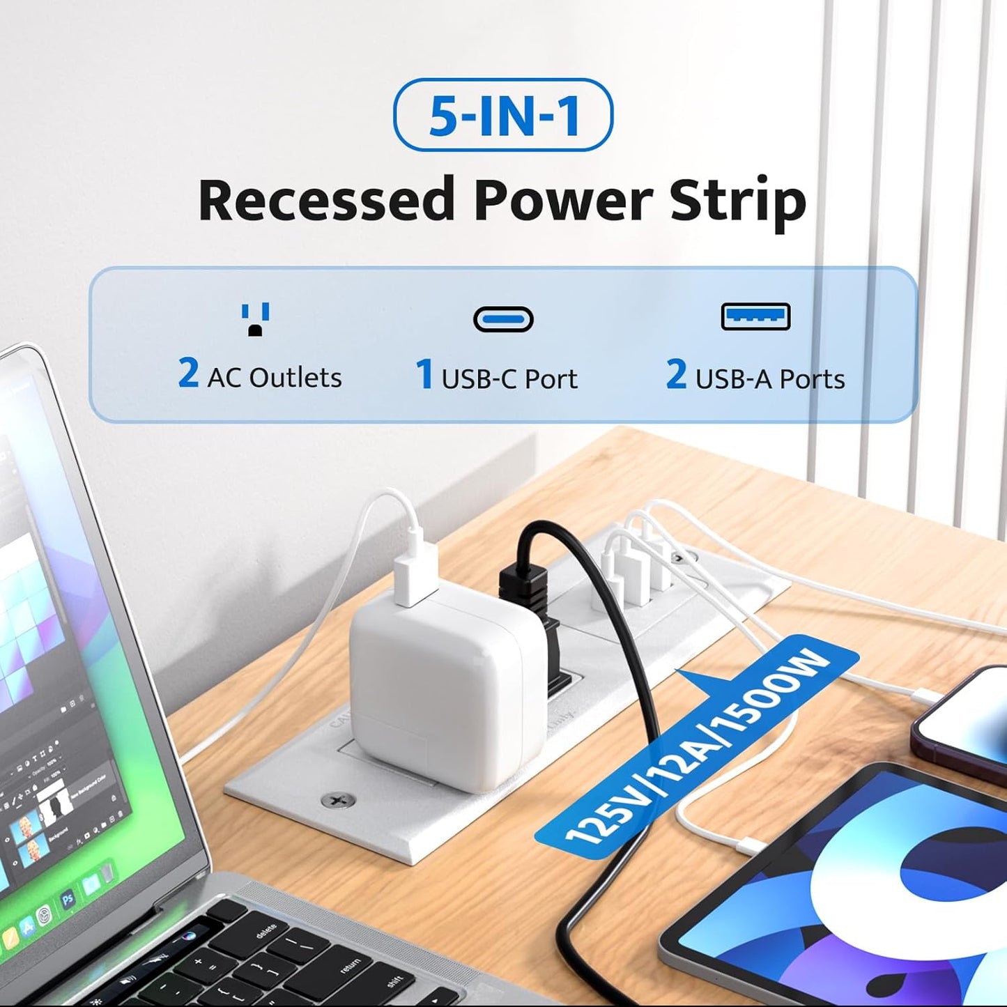 DOACE 18W Table,2 Outlets,3 Ports,6ft 45 Recessed Power Strip with USB C Fast Charging Conference Recessed