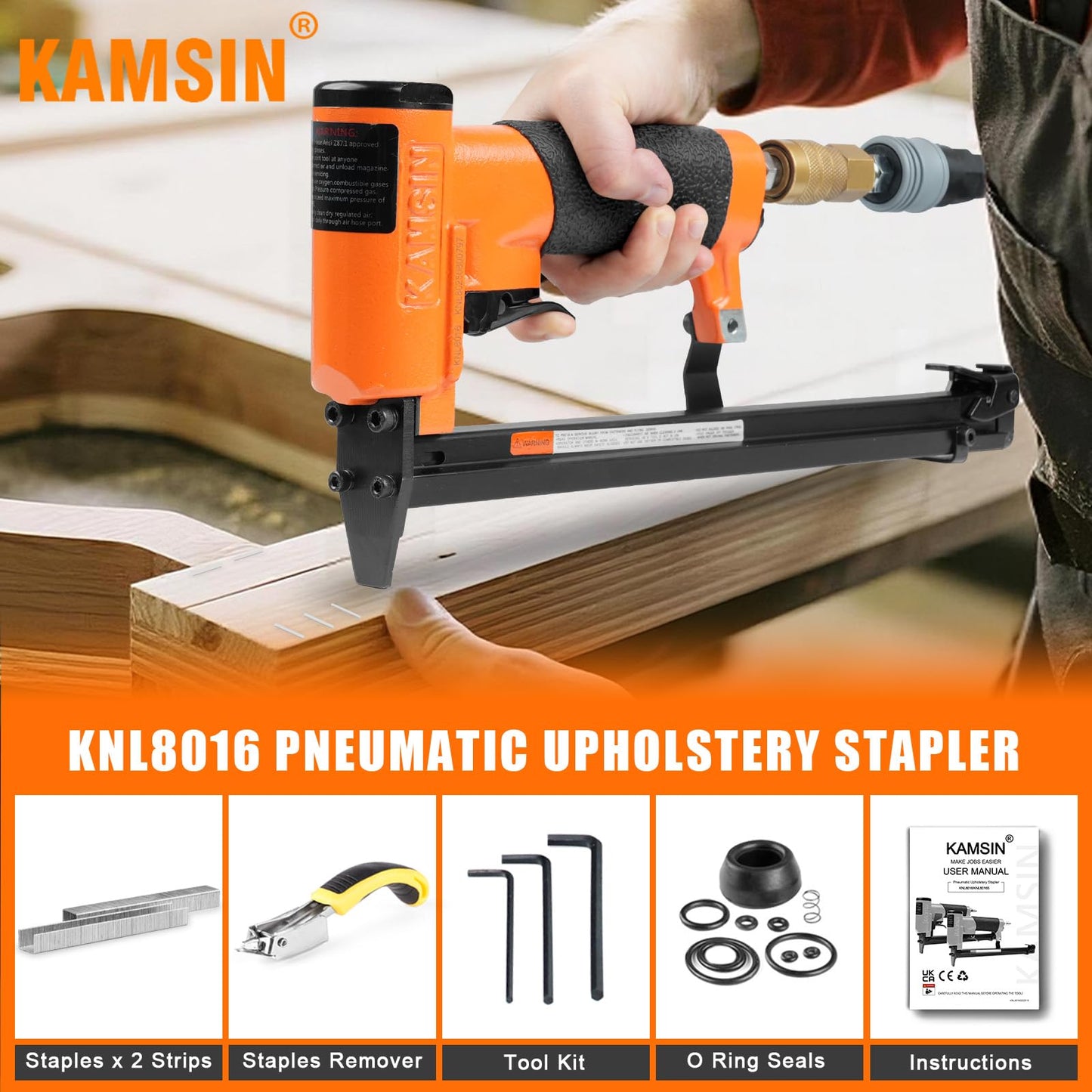 KAMSIN KNL8016 21 Gauge Pneumatic Upholstery Stapler with Extended Long Magazine, 1/2-Inch Crown Staples, 1/4-Inch to 5/8 -Inch(6-16mm) Leg Length, Air Power Fine Wire Stapler for Furniture, Cabinets
