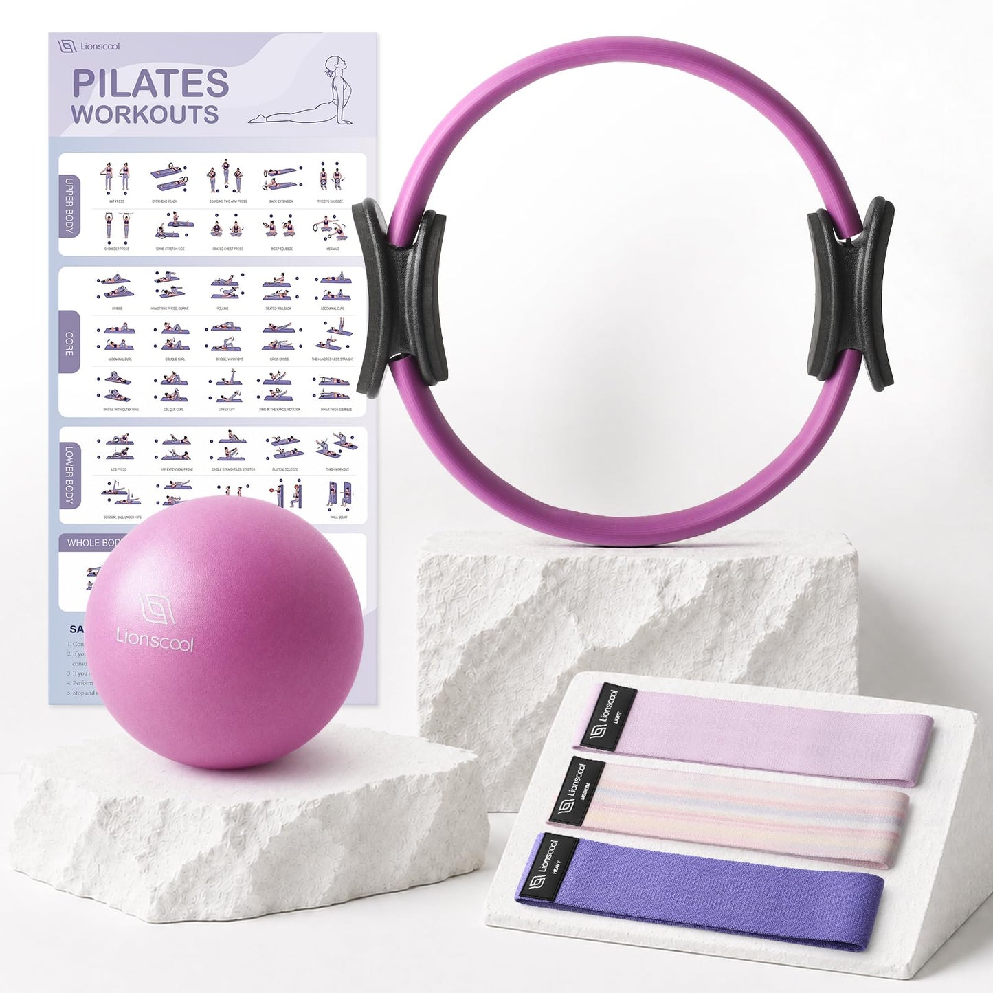 LIONSCOOL Pilates Ring Set (Purple) - 14" Anti-Deformation Magic Circle with Padded Handles, 9" Mini Ball, Non-Slip Fabric Resistance Bands, Guide & Bag