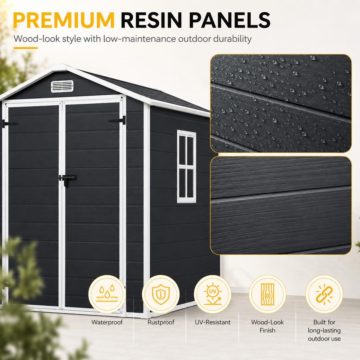 HUGROVE 6×4ft Outdoor Storage Shed with Floor, Waterproof & UV-Resistant Resin Garden Shed for Backyard with Lockable Double Doors, Air Vents & Side Window (Dark Gray)