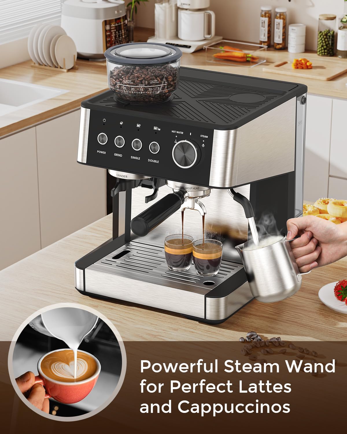 Electactic Espresso Machine with Grinder, 15 Bar Expresso Coffee Machines with Milk Frother Steam Wand, Professional Espresso Maker with Removable Water Tank, Cappuccino & Latte Machine for Home