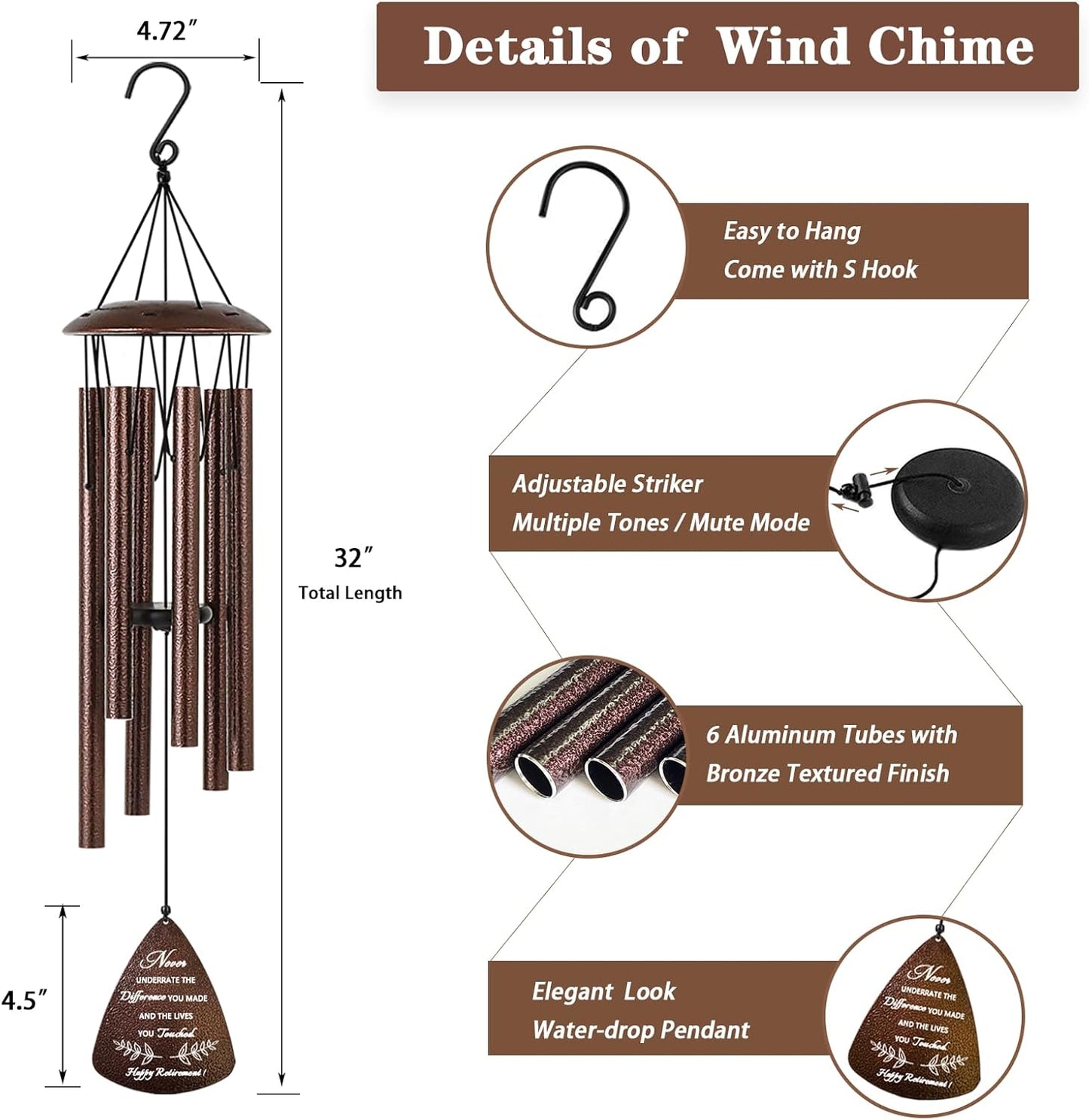 Soopau Wind Chimes - Thoughtful Retirement Gift for Men & Women | 32" Size for Colleagues & Friends