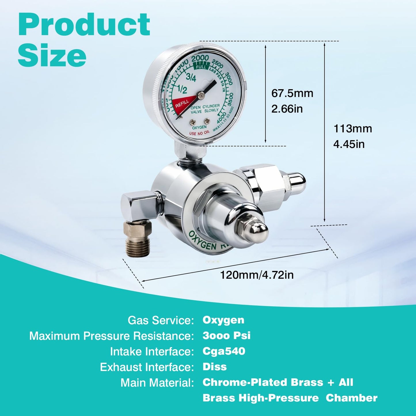 M1-540-P Oxygen Regulator, M1 Series Preset Pressure O2 Regulator for Oxygen Concentrator & Tank, CGA540 Nut/Nipple Inlet, 3000 PSI, Chrome Brass Body