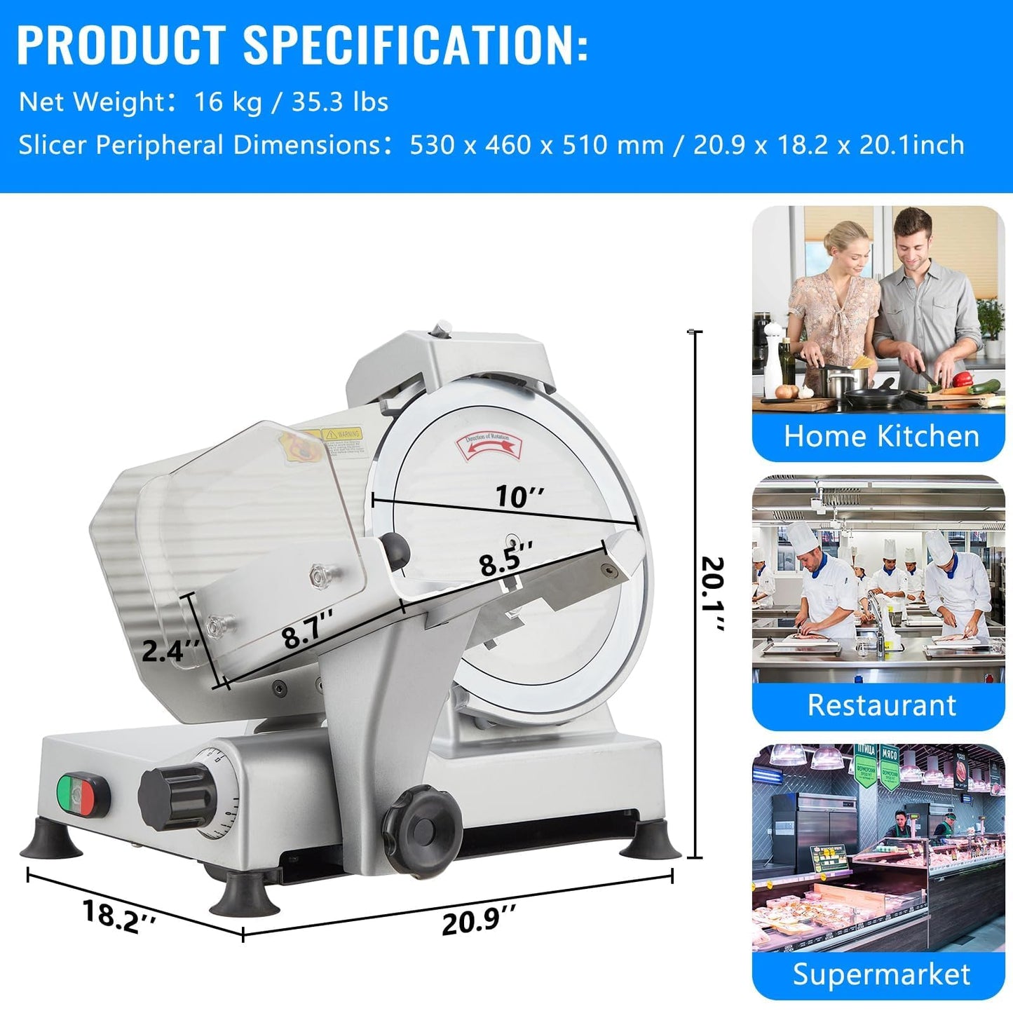 Powerful 550W Dual Motor Meat Slicer Machine for Home & Commercial Use, 10" Alloy Steel Blade, Adjustable 0-14mm Deli Slicer, Automatic Sharpener, Safe Kitchen Slicer
