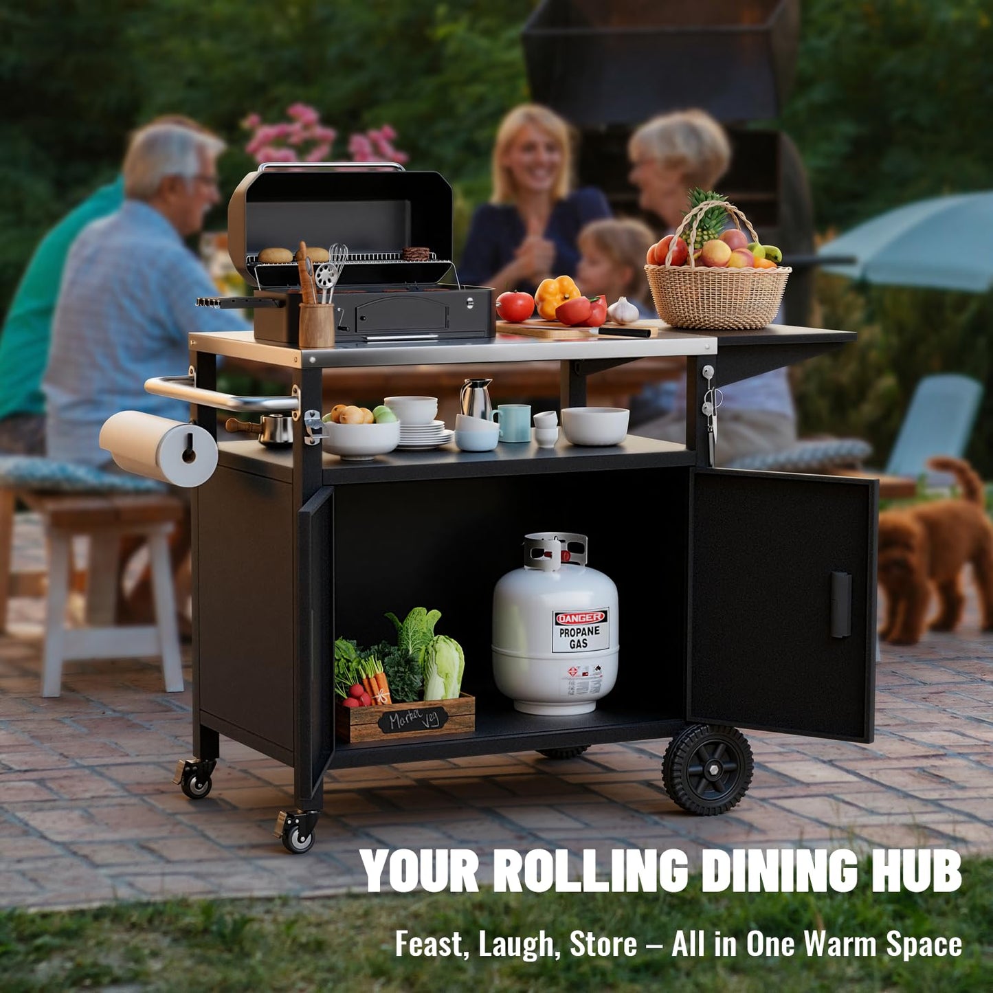 Verinox Outdoor Grill Cart with Cabinet, Large Storage & Lockable Wheels, Extra Foldable Table Top, Outdoor Kitchen Island Grill Table for Camping, Patio, Backyard & Tailgating