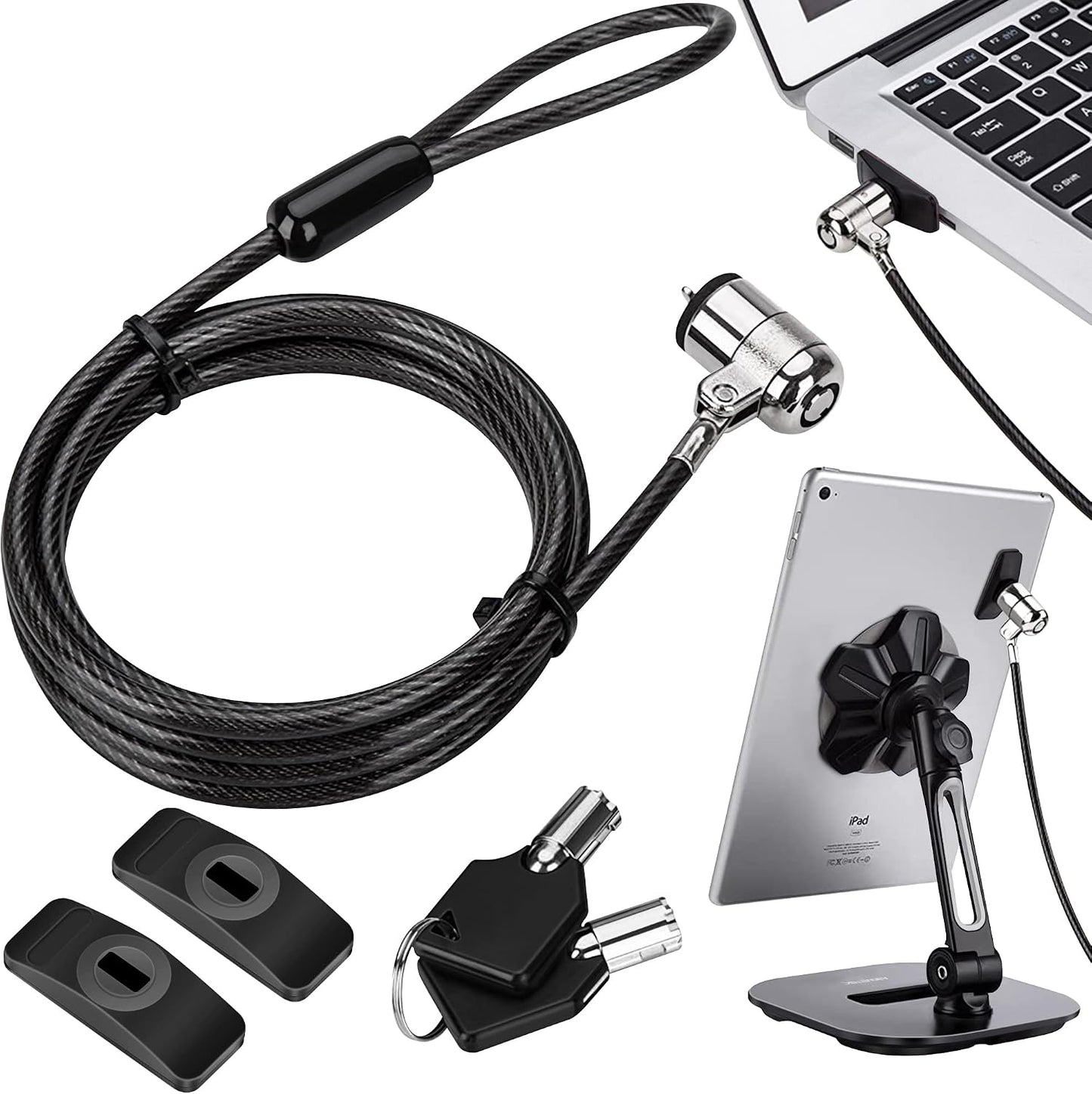 2 AboveTEK Laptop Lock, Tablet Lock Security Cable, Keys Sturdy Steel iPad Locking Kit w/Adhesive Anchors, Anti Theft