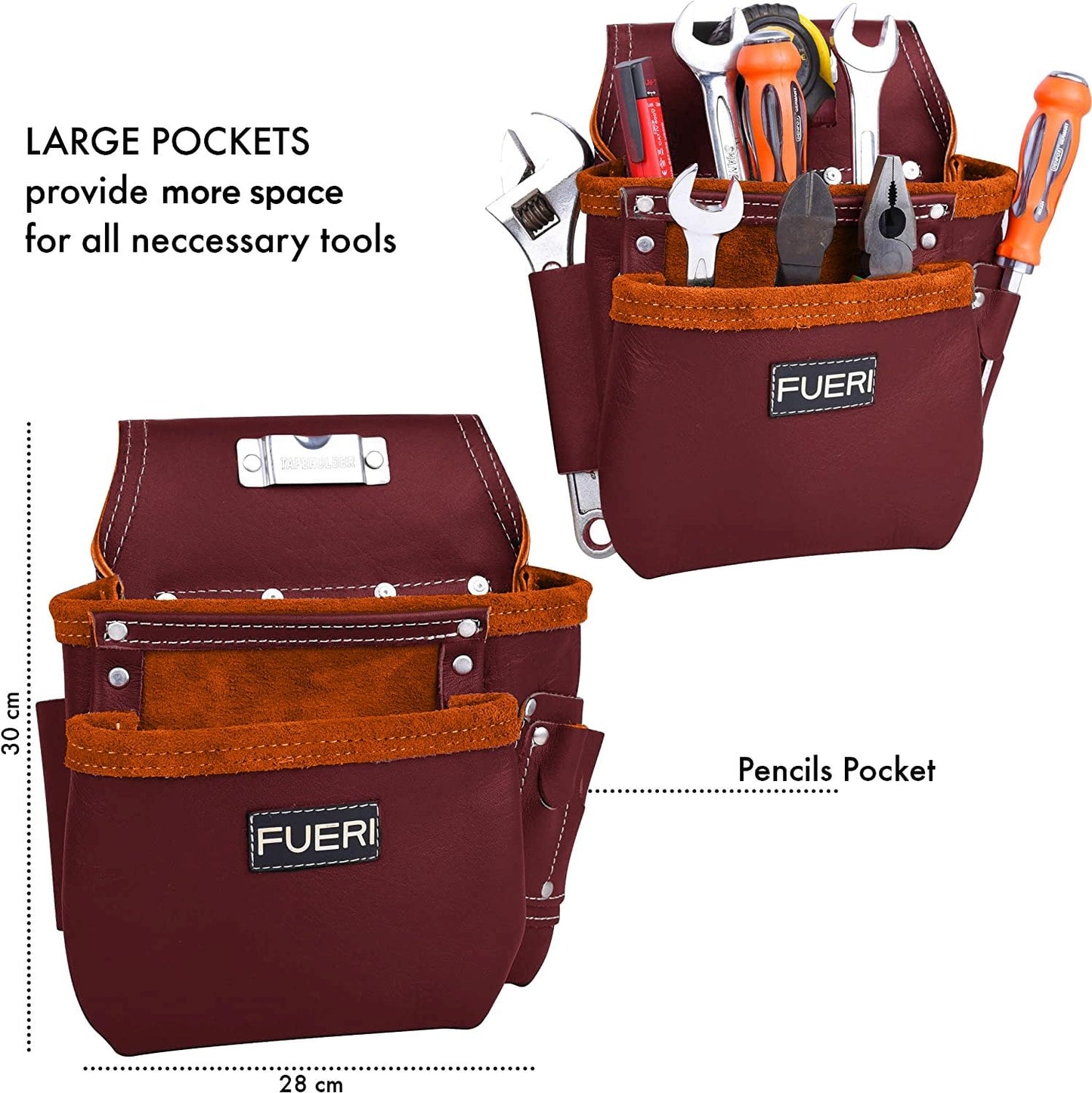 FUERI Full Grain Leather tool belts for men, Heavy-duty Carpenter Tool Rig organizer with 17 Pockets pouches, hammer holder, 4-Suspender loops, and a foam-padded belt for Framers, and Electricians