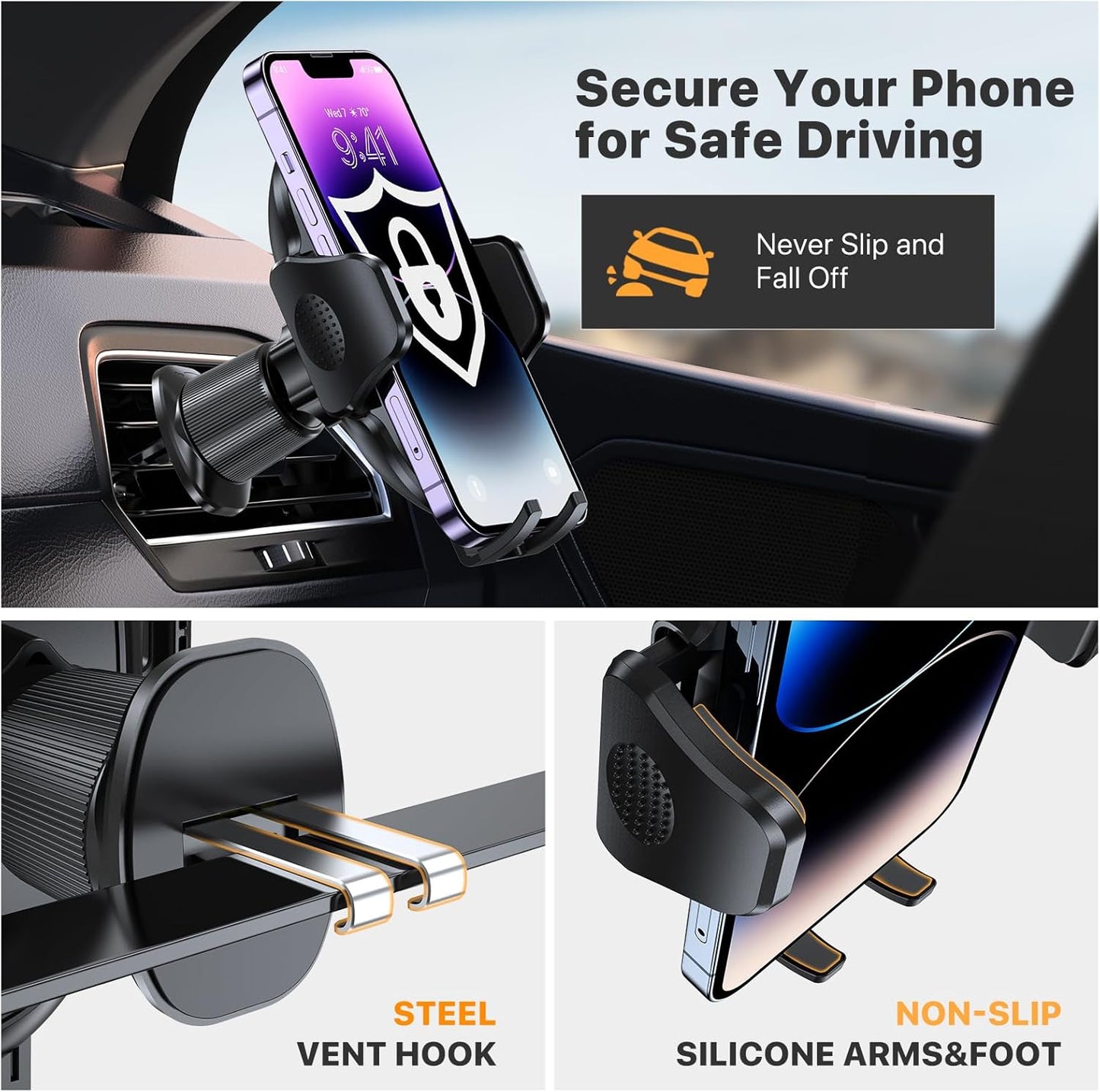 Miracase 2 Pack Phone Holders for Your Car with Metal Hook Clip, Air Vent Cell Phone Stand Car Mount, Universal