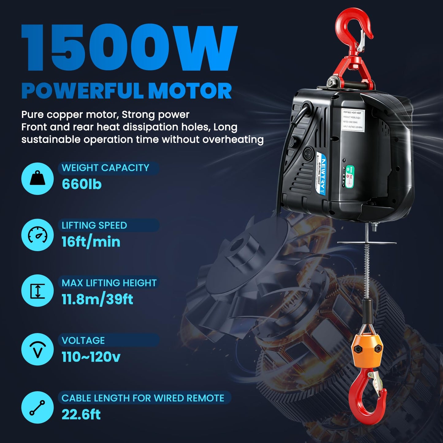 NEWTRY 3 in 1 Electric Hoist Winch 660lb, 110/120 Volt Portable Power Winch Crane with Cable Remote Control, 38ft Lifting Height, 16 ft/min Lift Speed, for Towing and Pulling