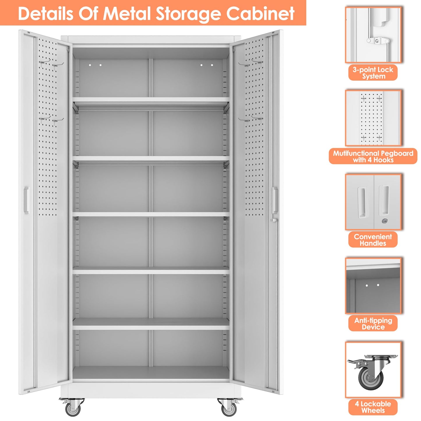 Aobabo Upgrade 71H''*34''W*18''D Metal Garage Storage Cabinet with Wheels and Pegboards, 5 Adjustable Shelves Steel Storage Cabinets for Home,Warehouse,Garage,Assembly Required,White