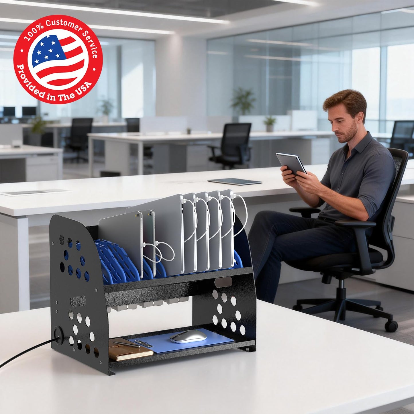 POCHAR 10-Device Charging Station for Chromebook, Tablet - Laptop Storage Rack with Storage Space, Multi-Device Charging Organizer for Classroom, Office, Hospital