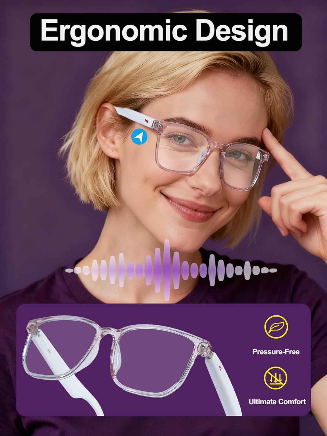 MNVOEQ IP65 Smart Bluetooth Glasses, AI Voice Translation Eyewear with Integrated Speakers and Microphone, Hands-Free