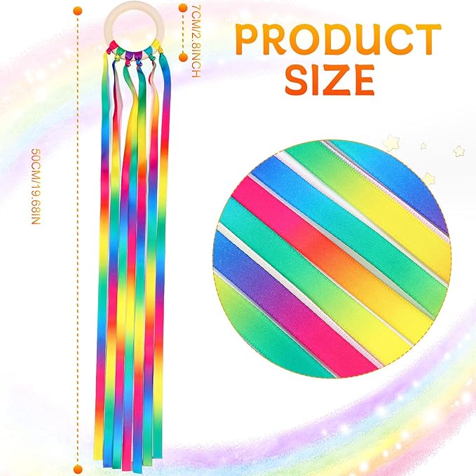 Junkin Ribbon Rings Hand Kite Waldorf Toys Dancing Wrist Ribbons Rainbow Streamers with Wood Ring Sensory Learning Educational Toy for Playroom Dancing Birthday Party Gift(Gradient,24 Pcs)