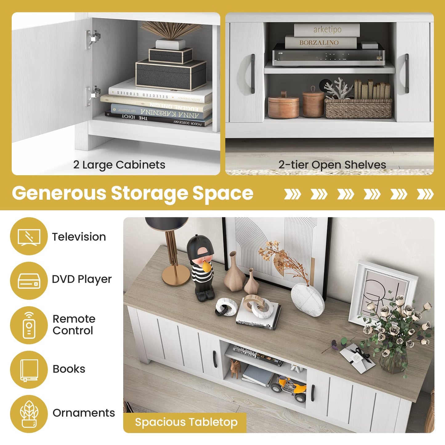 Tangkula 2 Doors TV Stand for TVs up to 65”, 57” Media Console Table w/ 2 Cabinets & Open Shelves, 2 Cable Management Holes. Wood Entertainment Center Cabinet for Living Room (White Oak)