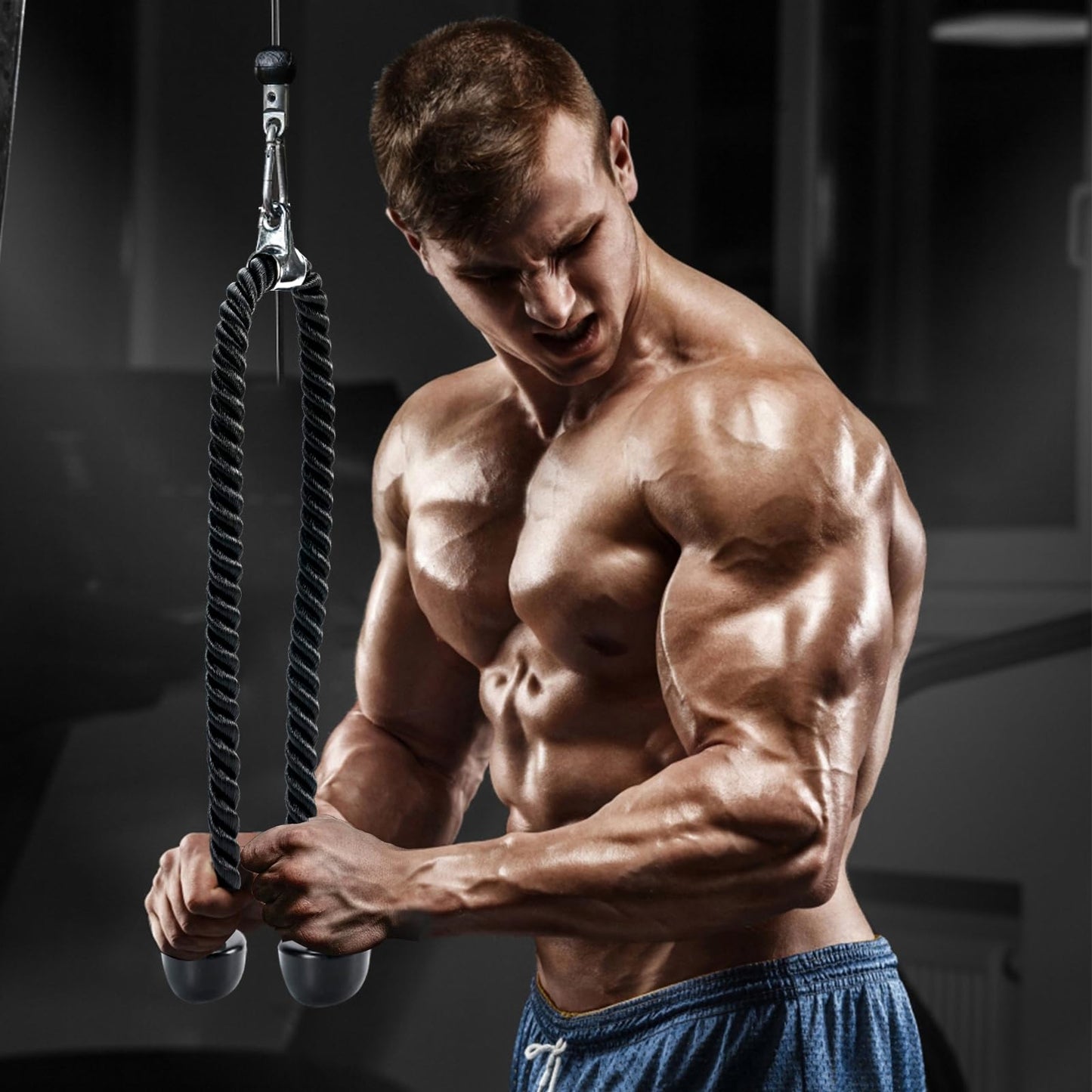 Warmroom Long Tricep Pull Down Rope Exercise Tricep Rope 55 inch Pull Down Rope with Latch Gym Cable Machine Accessories