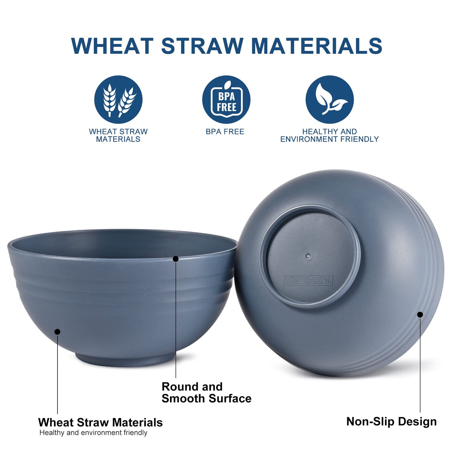 HOTEC BPA Free Unbreakable Wheat Straw Cereal Bowls - Microwave & Dishwasher Safe Soup and Salad Bowls, Set of 8, 26oz, Classic Blue