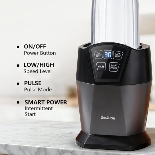 Liebe&Lecker Smoothie Blender - 1200W Smart Technology Blender for Frozen Fruit | 28oz To-Go Cup & 50oz Jar