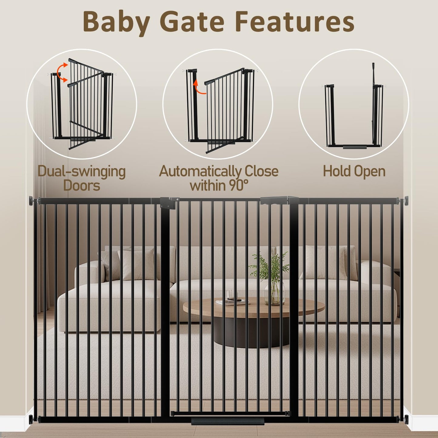 WAOWAO 40.55" Extra Tall 1.37" Ultra Narrow Spacing 69.49-77.36" Extra Wide Dogs Pets Baby Gate Safety Indoor Puppy Pressure Mounted Gate No Drill Black Metal for Stairs,Doorways,Kitchen,Hallway