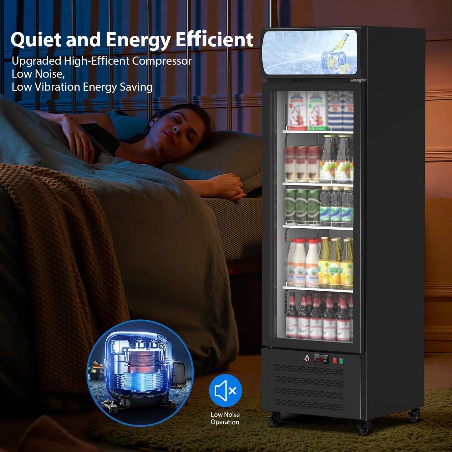 PeacefulHues 13.4 Cu.Ft Commercial Display Refrigerator,Glass Door Beverage Cooler with Adjustable Shelves,LED Lighting & Advertising Panel, Mobile Design
