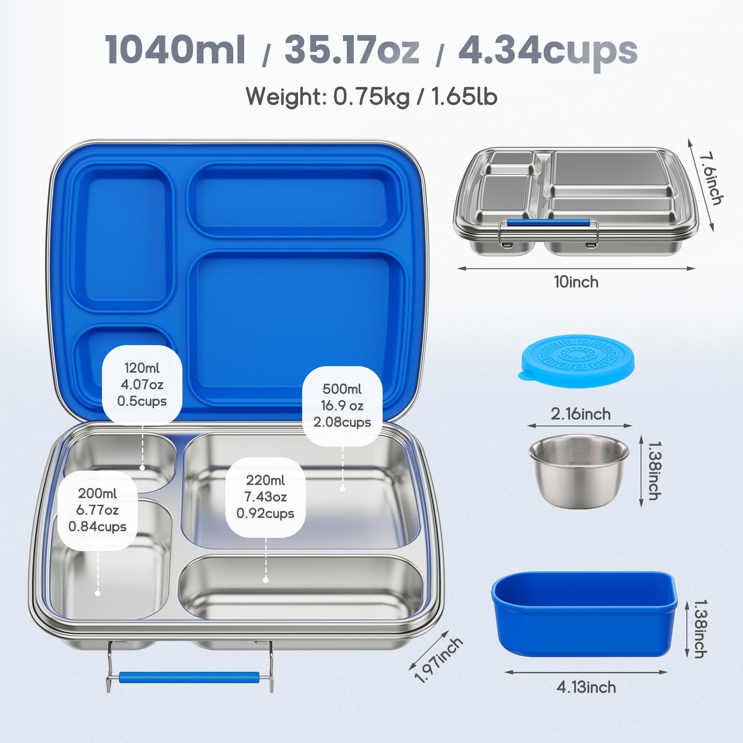 Eoika Stainless Steel Bento Box for Kids, Kids Lunch Box with 4-Compartment, Metal Lunch Box with Silicone Container & Sauce Cup, Durable Lunch Box Containers for School and Office (Blue)